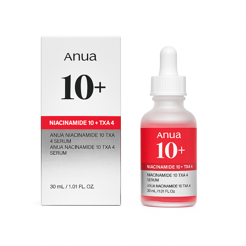 سرم ضد لک و روشن‌کننده آنوآ Anua Niacinamide 10+ TXA 4 Serum در بطری شیشه‌ای با برچسب قرمز 30 میل به همراه جعبه