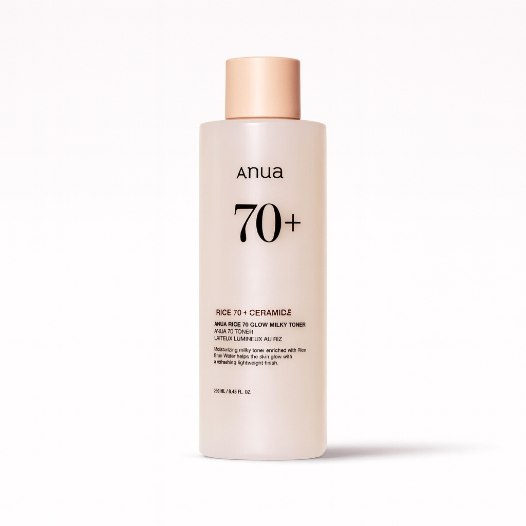 تونر شیری آنوآ Anua Rice 70+ Glow Milky Toner در بطری شفاف شیری با درب مسی رنگ 250 میل