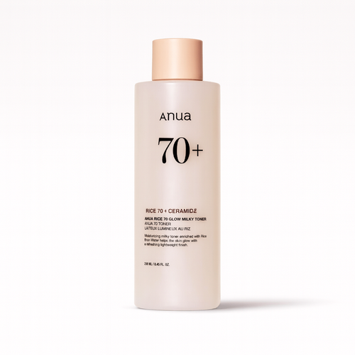 تونر شیری آنوآ Anua Rice 70+ Glow Milky Toner در بطری شفاف شیری با درب مسی رنگ 250 میل