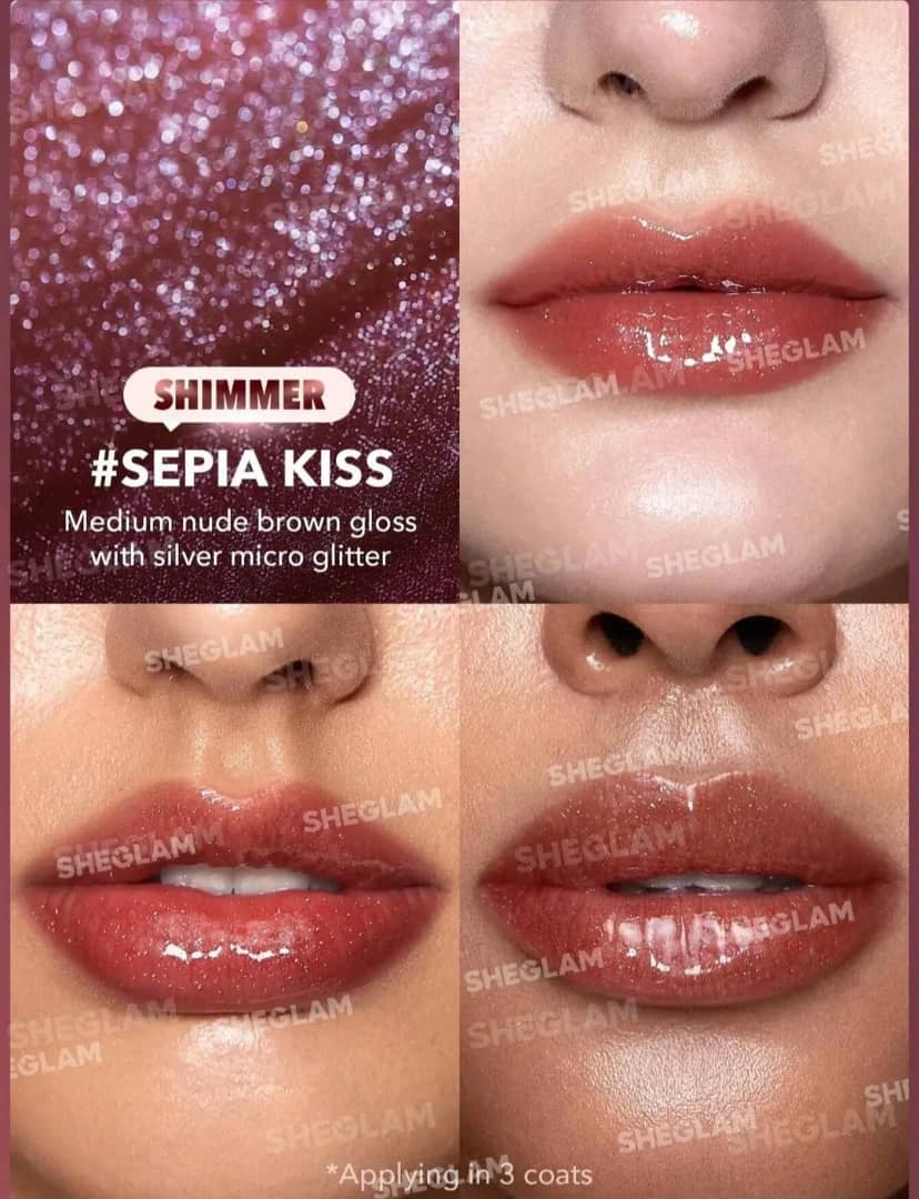 رژ لب شیگلم Sepia Kiss رنگ قهوه‌ای نود براق با شاین نقره‌ای