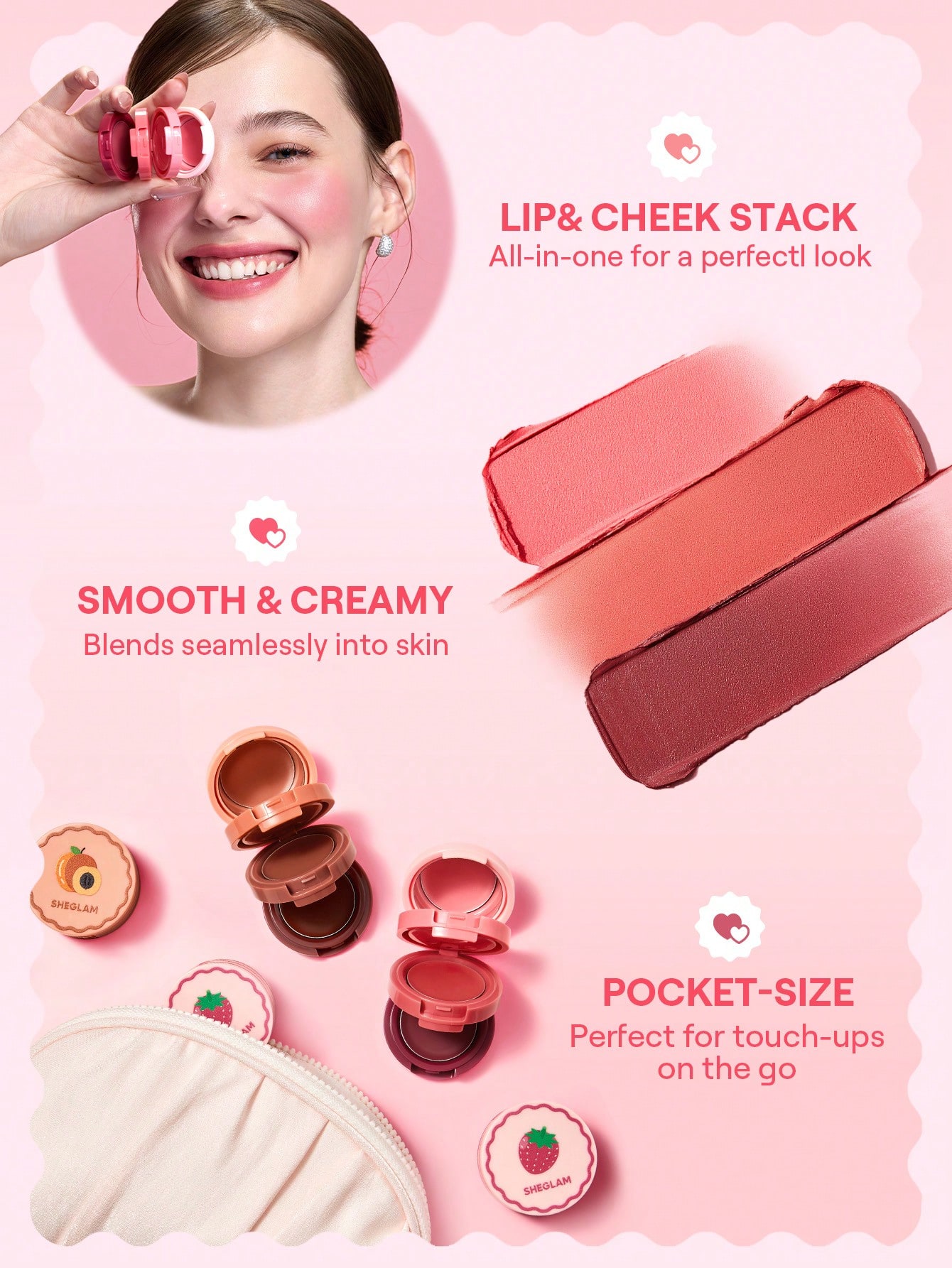 SHEGLAM Strawberry Whirl Cream Stack – رژگونه و لیپ کرمی شیگلم رنگ توت‌فرنگی