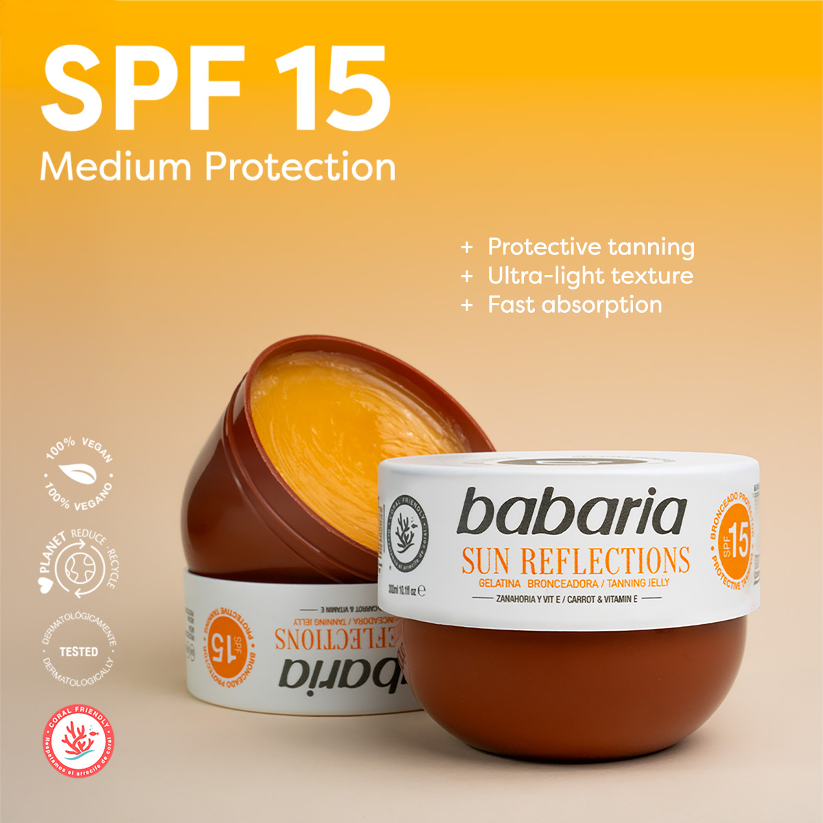 ژل برنزه‌کننده باباریا مدل Sun Reflections هویج و ویتامین E با SPF 15 حجم 300 میلی‌لیتر